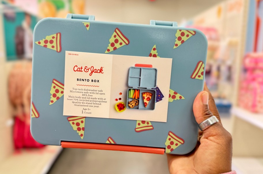 hand holding Cat & Jack Kids Plastic Bento Box - Pizza