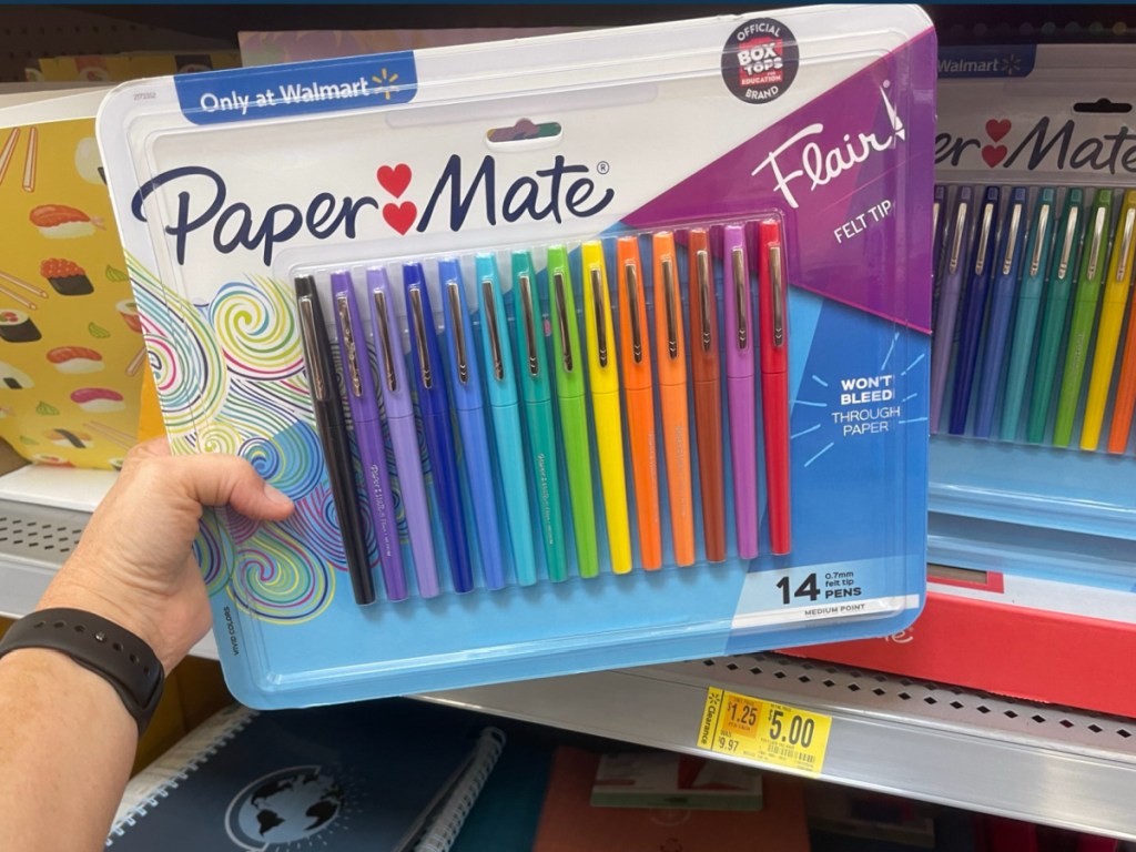hand holding Paper Mate Flair Felt Tip Pen Set 14 Count in store