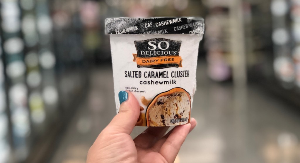 hand holding frozen so delicious salted caramel cluster ice cream