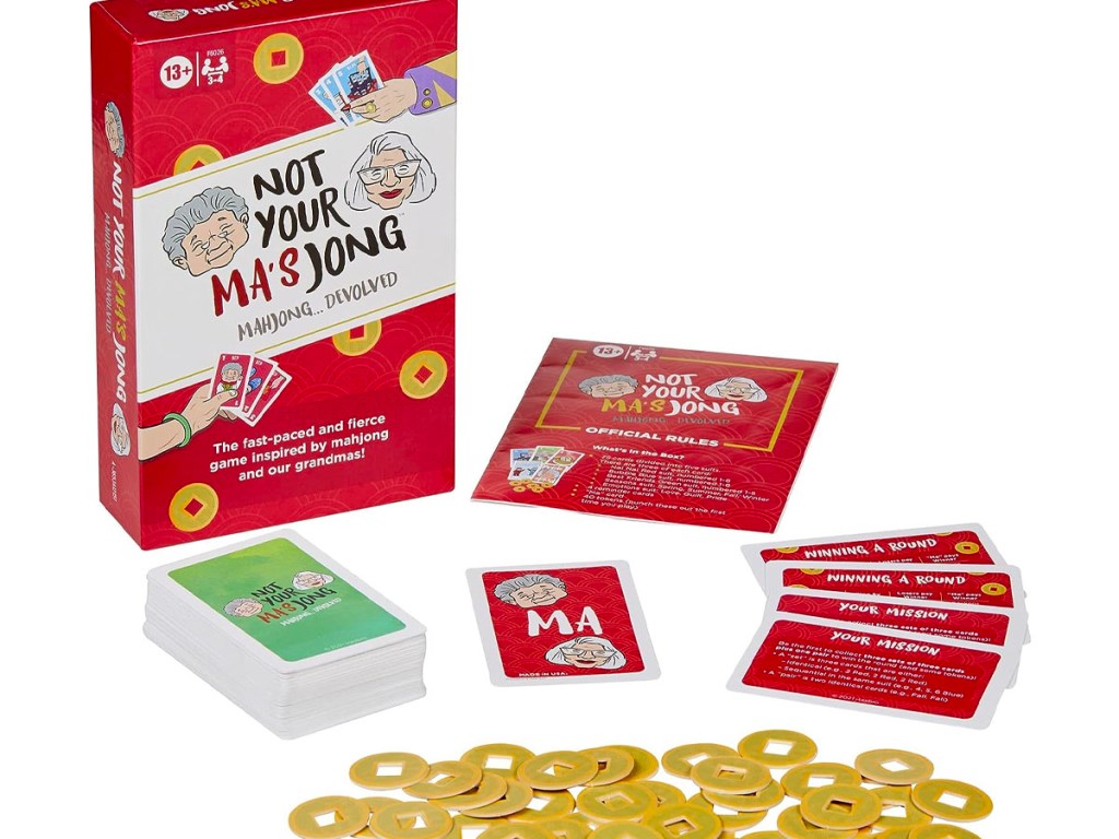 hasbro not your ma's jong card game with all pieces laid out in front of the box