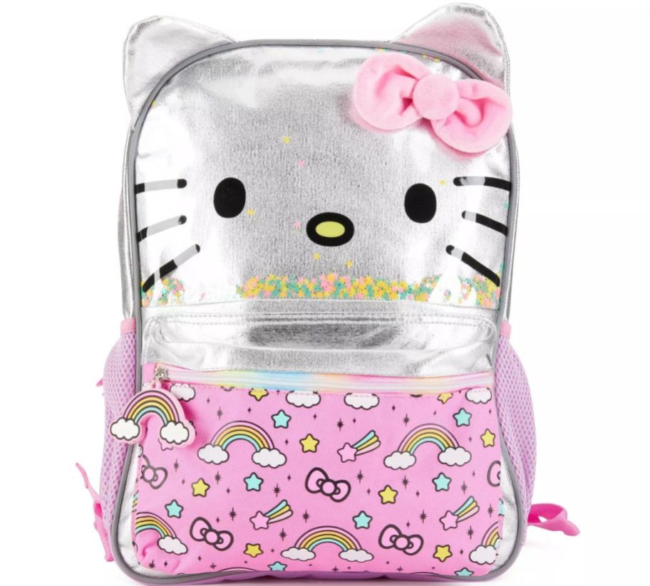 a pink and silver hello kitty backpack