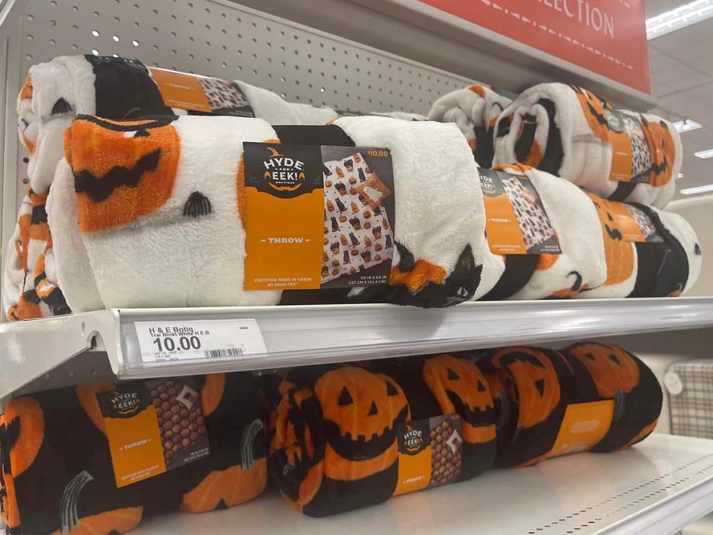 halloween blankets on shelf