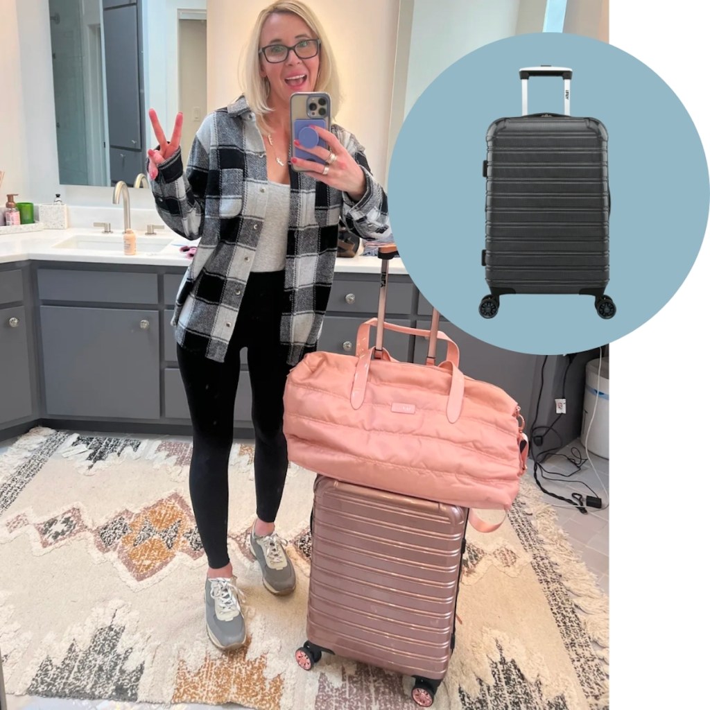 woman standing in bathroom with pink luggage and bubble with stock photo of black luggage suitcase