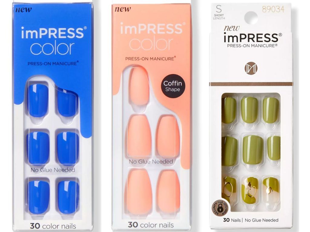 3 boxes of impress nails in blue, pink, and gold