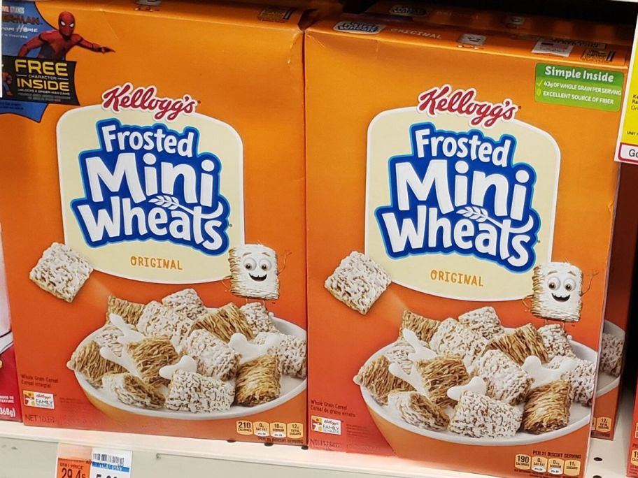 kelloggs frosted mini wheats boxes on shelf in store