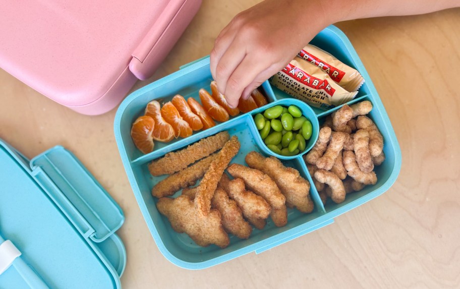 kids hand picking food out of blue bento lunchbox