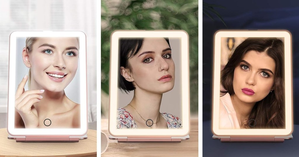 three side by side stock images showing a led vanity mirror in various lighting