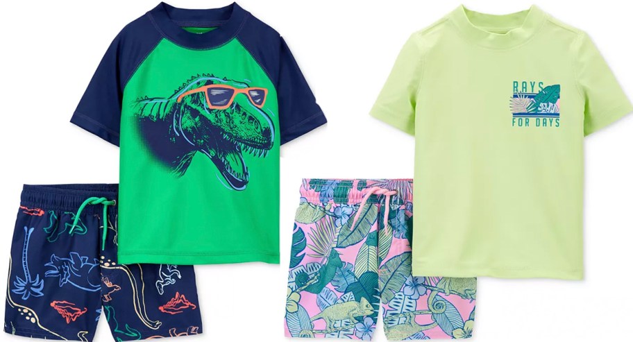 dinosaur and floral boys swim shirts and shorts 