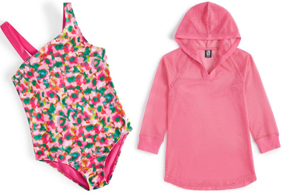 macys girls floral swimsuit and pink coverup 
