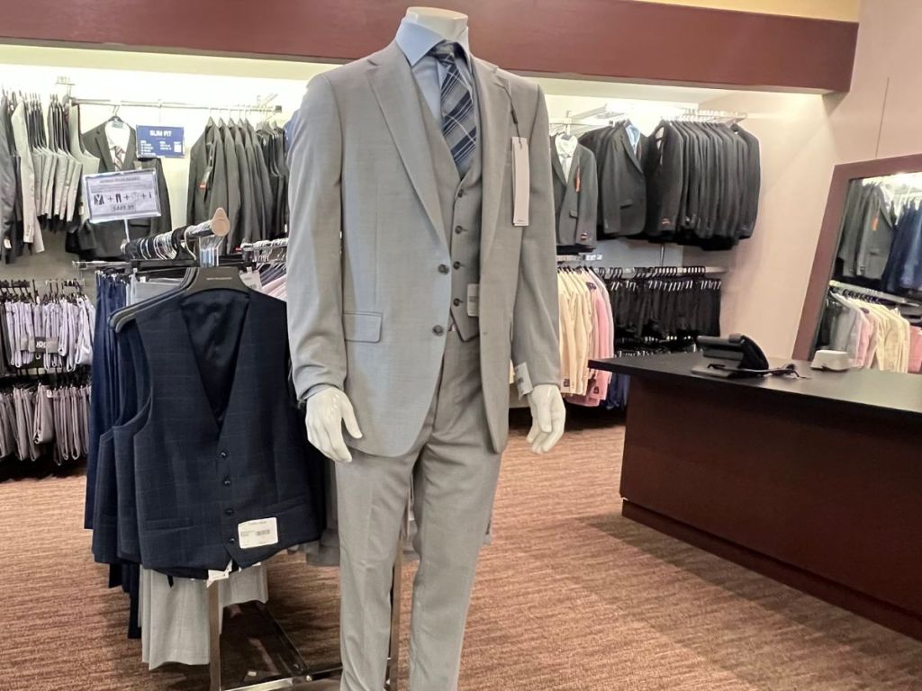 mannequin wearing gray suit
