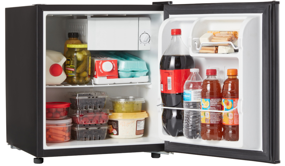mini fridge for dorm with door open and food inside