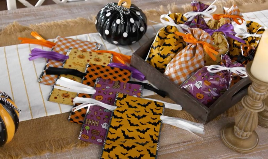 assorted halloween mylar bags sitting on table
