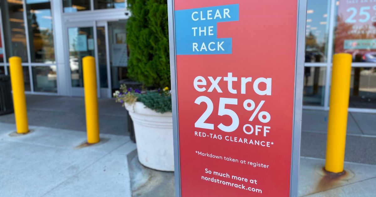 a sign outside a nordstrom rack for the nordstrom clear the rack sale