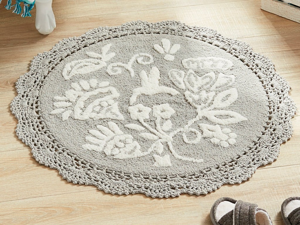 floral gray rug on bathroom floor
