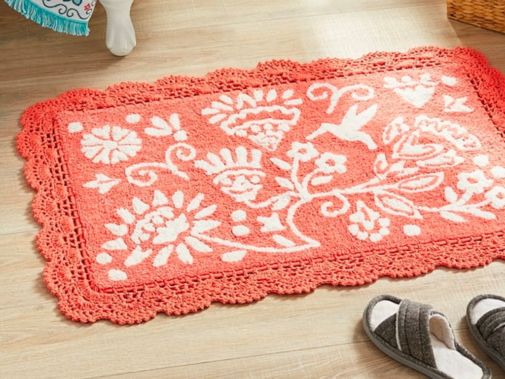 pioneer woman peach floral rug on floor