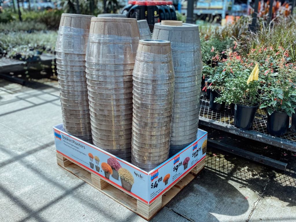 planters on display outside of lowes