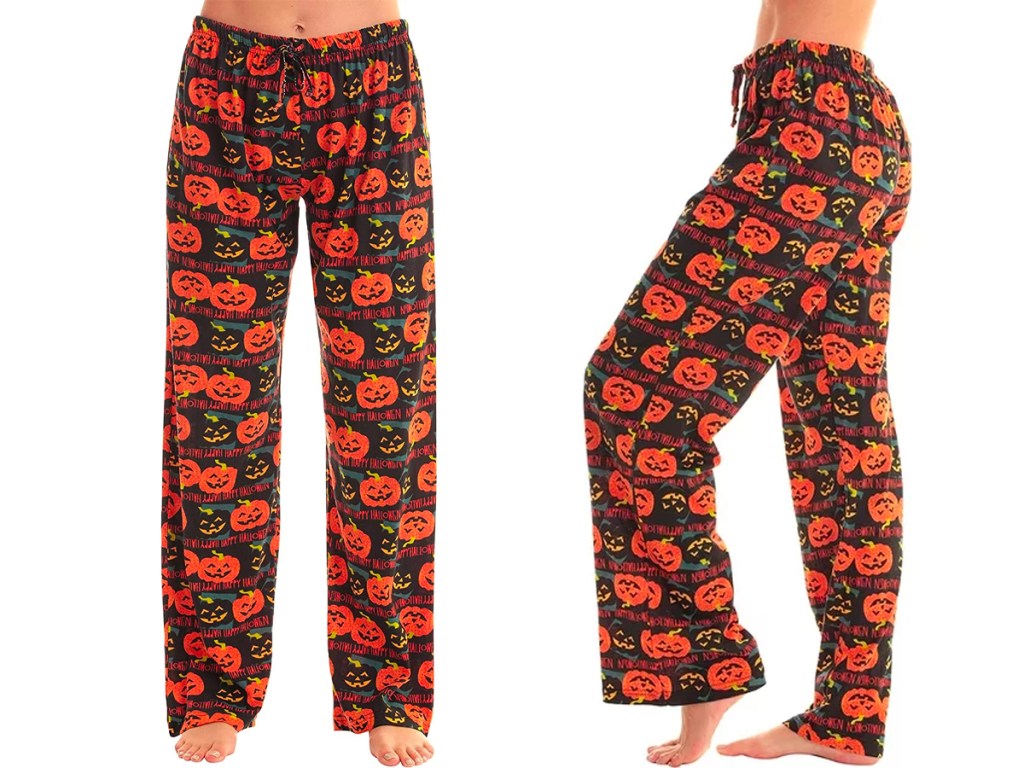 woman front image and side view wearing pumpkin halloween pajama pants