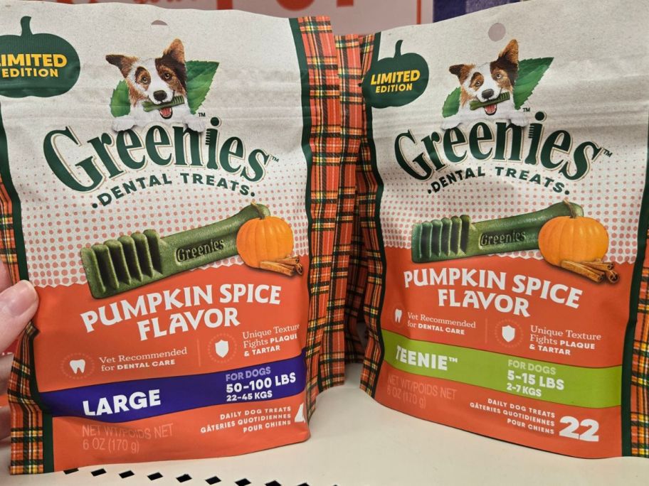 greenies pumpkin spice treat bags on shelf in store