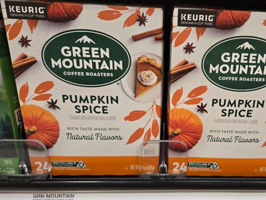 Green Mountain Coffee Roasters Pumpkin Spice Flavored Light Roast Coffee Pods 24-Count boxes on shelf in store