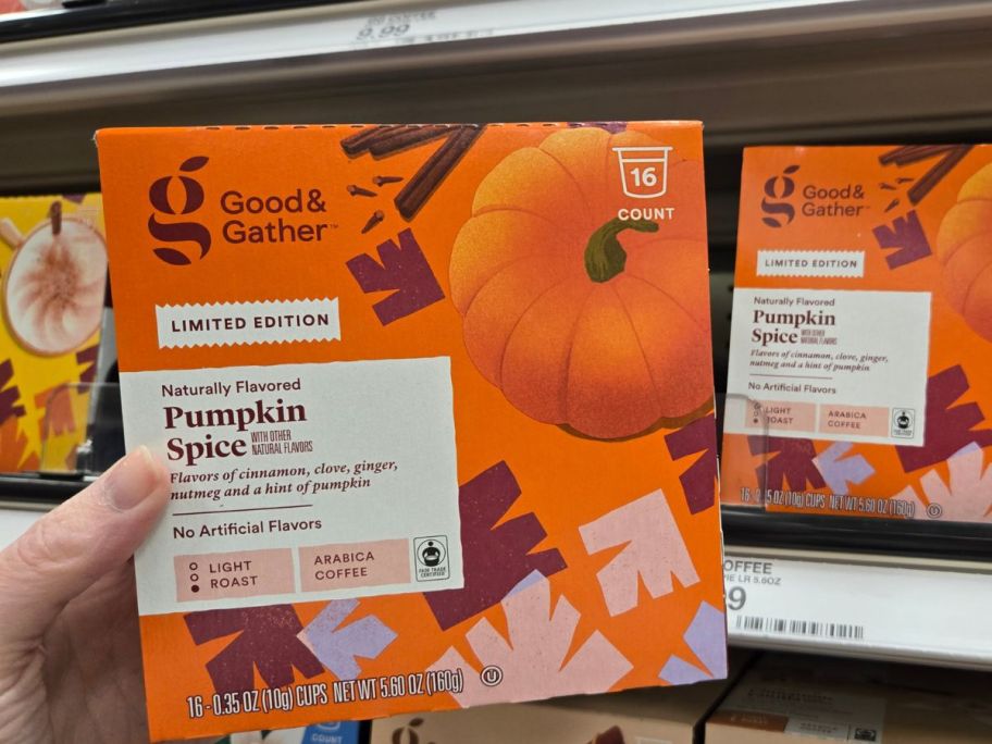Good & Gather Naturally Flavored Pumpkin Spice Light Roast Coffee Pods 16-Count box in hand in store