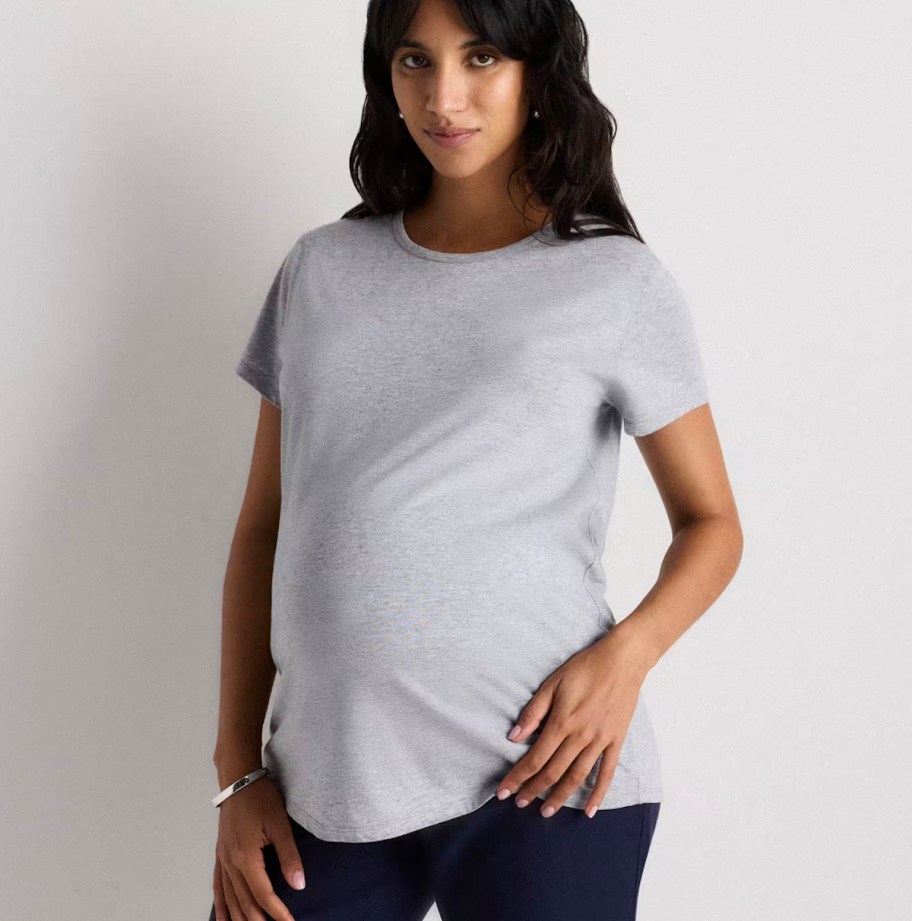 woman modeling gray maternity t-shirt