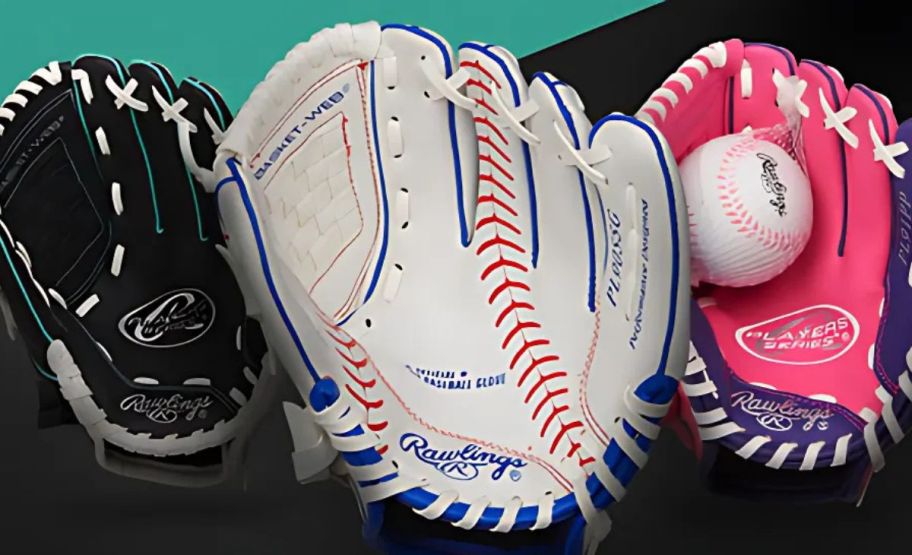 white baseball glove shown with a black one and a pink one