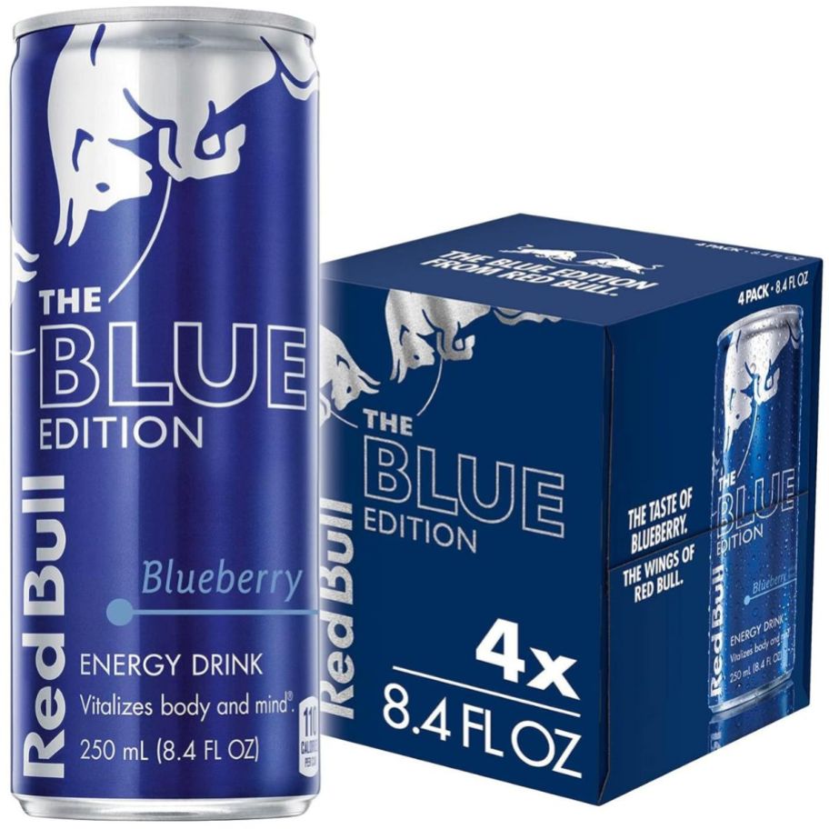 a single can and a 4 pack of red bull blue