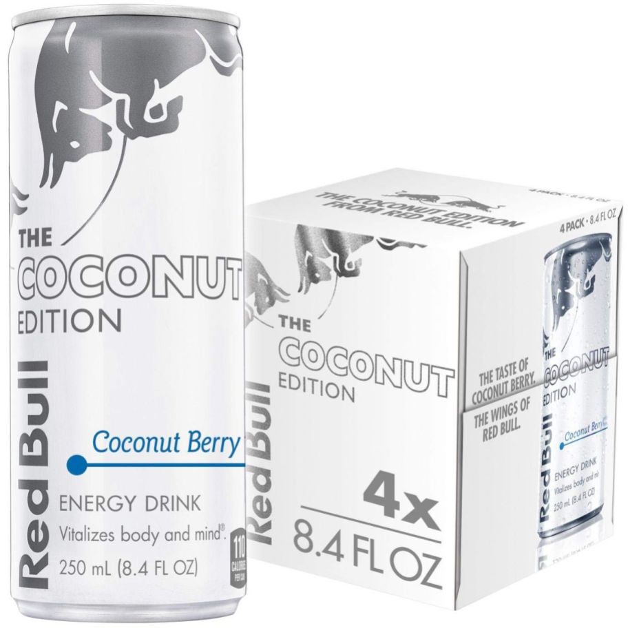 a single can and a 4 pack of red bull coconut berry 
