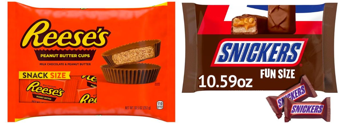 reeses sharing size bag and snickers fun size bag of candy