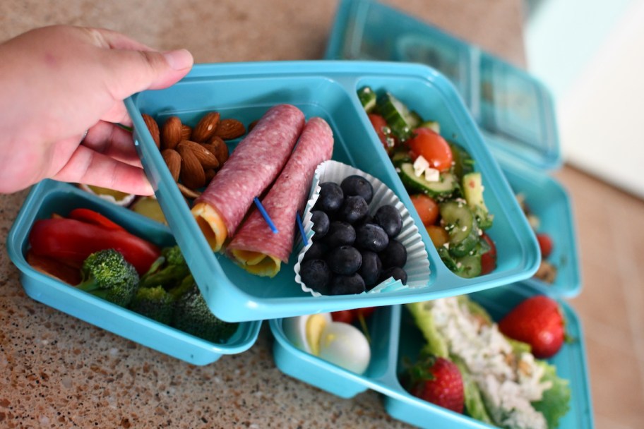 hand holding a meal prep container with lunch inside