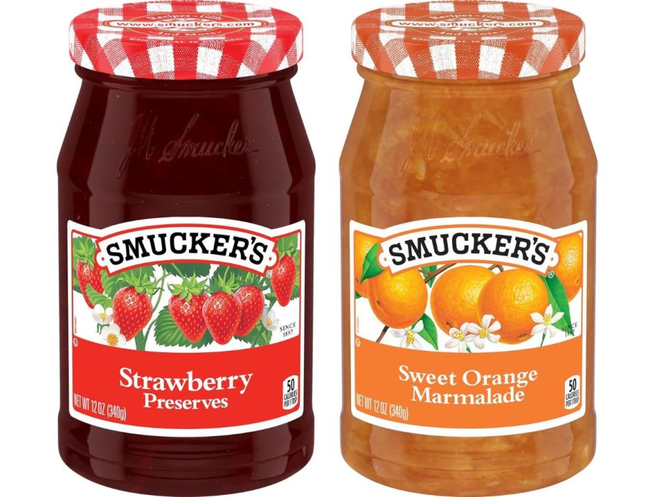 a 12oz jar of strawberry preserves and a 12 oz jar of orange marmalade