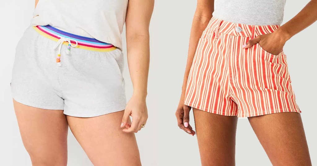 two women wearing gray and orange striped shorts