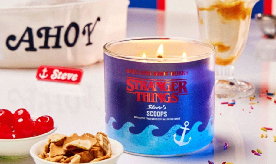 a stranger things scoops ahoy 3 wick candle