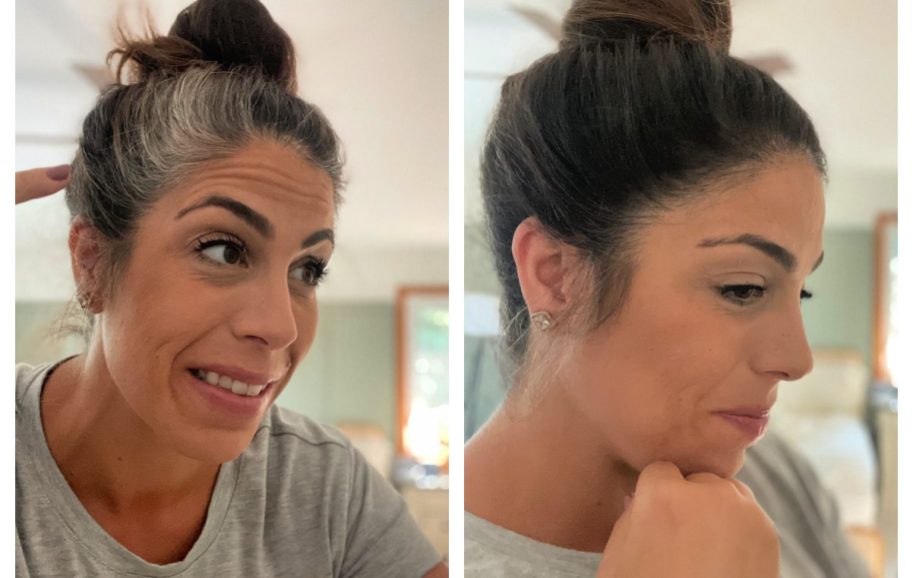 2 side views of a woman with her hair in a bun