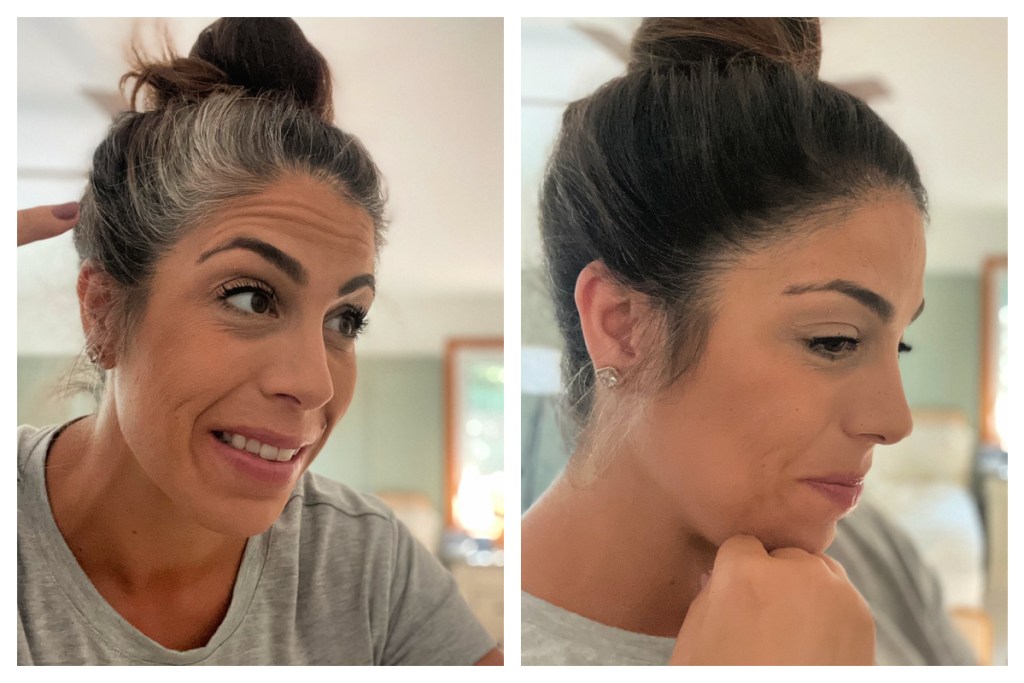 2 side views of a woman with her hair in a bun