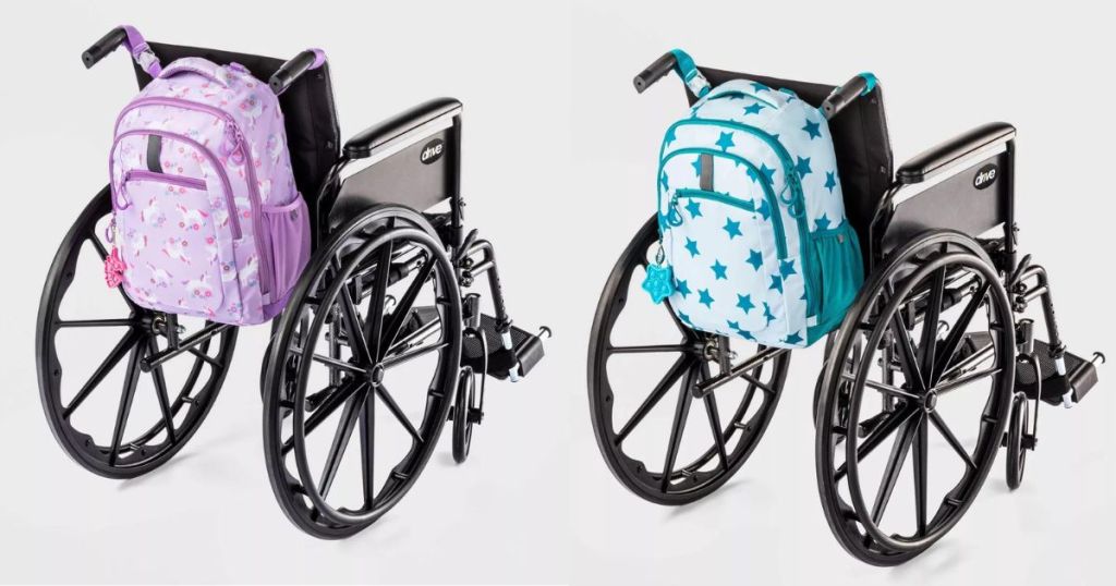 unicorn backpack and stars adaptive backpacks placed on back of wheelchairs