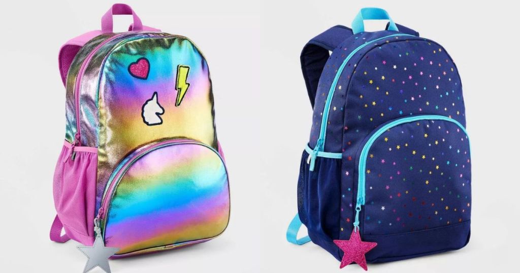 metallic rainbow backpack and blue stars backpack