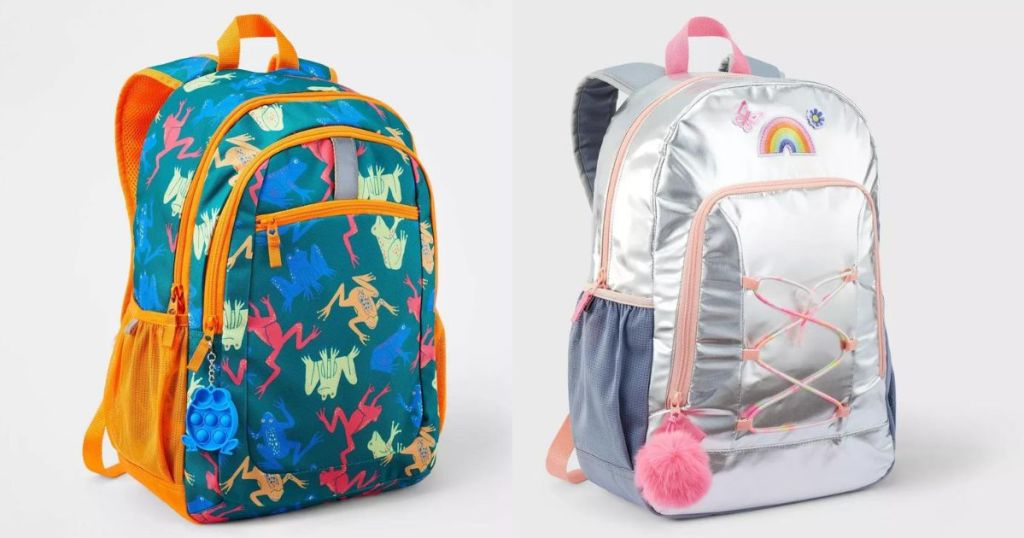 frog backpack and silver rainbow backpack