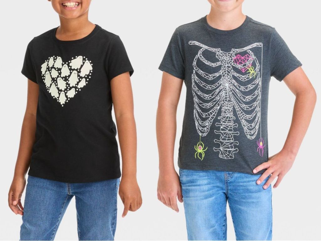 girl wearing heart ghost tee and boy wearing ribs halloween tee