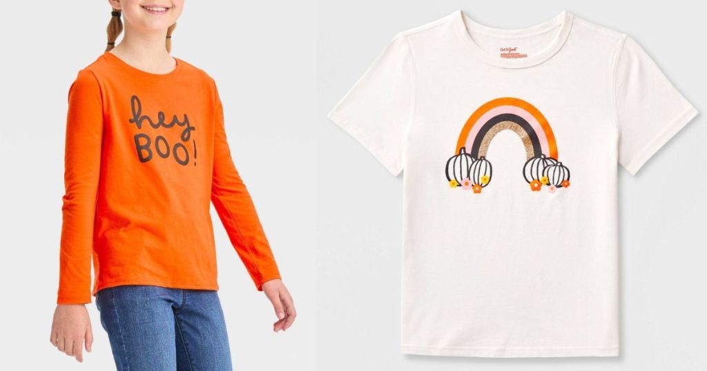 girl wearing hey boo tee and pumpkin rainbow tee