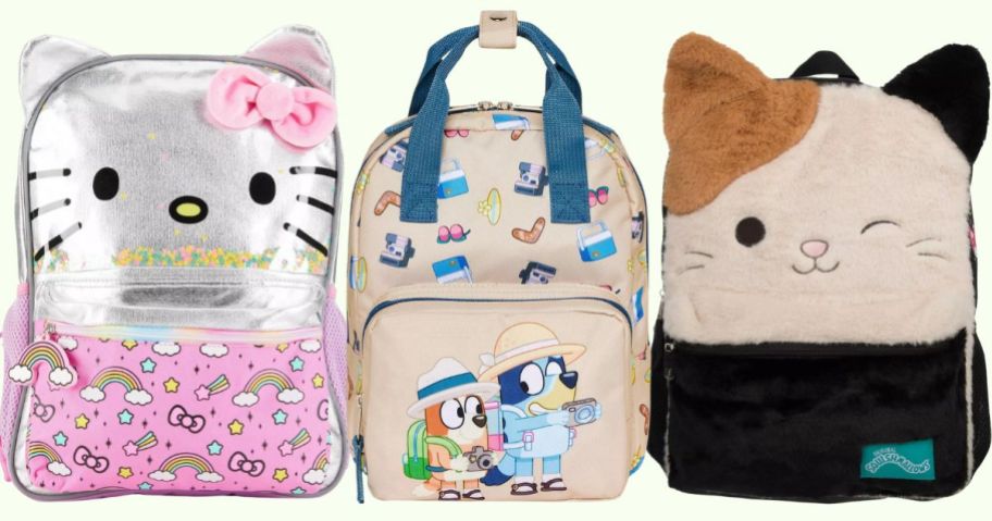 3 target kids backpack styles,featuring hello kitty bluey and squishmallows