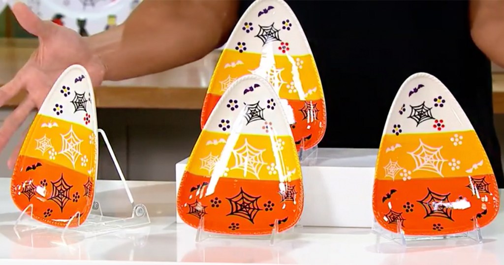 harvest candy corn plates on stand