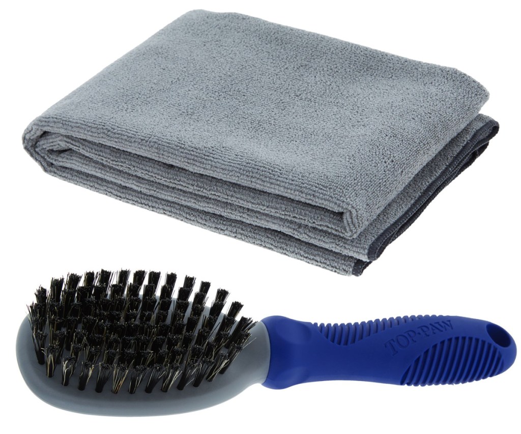 grey pet towel and brush