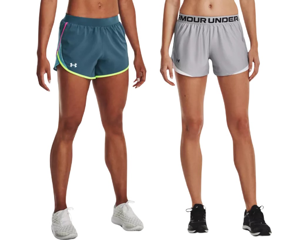 two pairs of legs wearing womens shorts