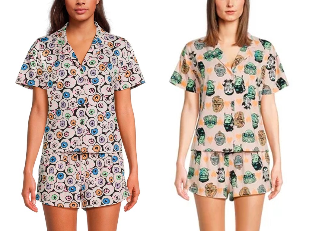 two women wearing eyeball and zombie halloween pajama sets