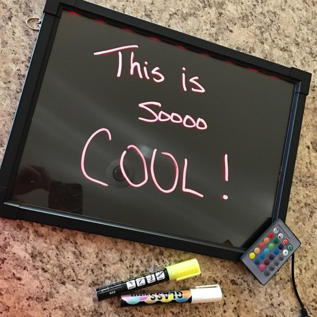 LED dry erase board on countertop
