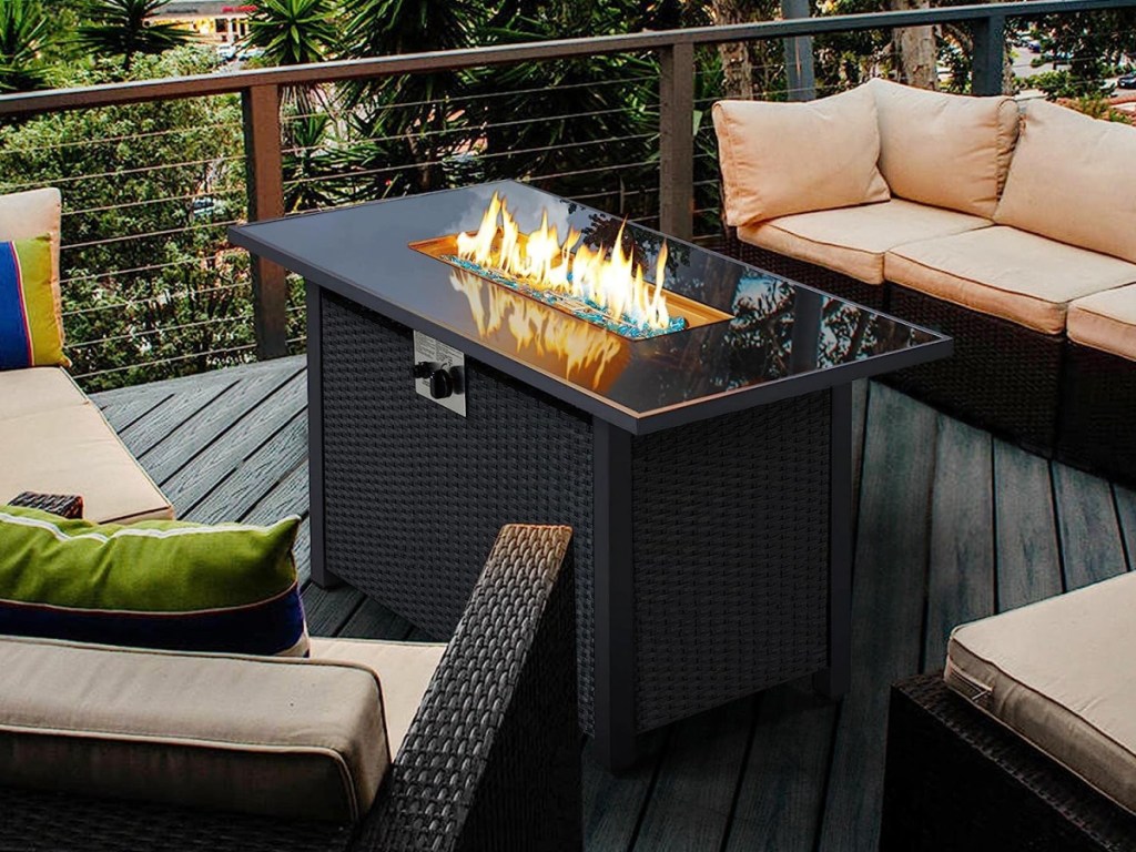 firepit with rattan base outside