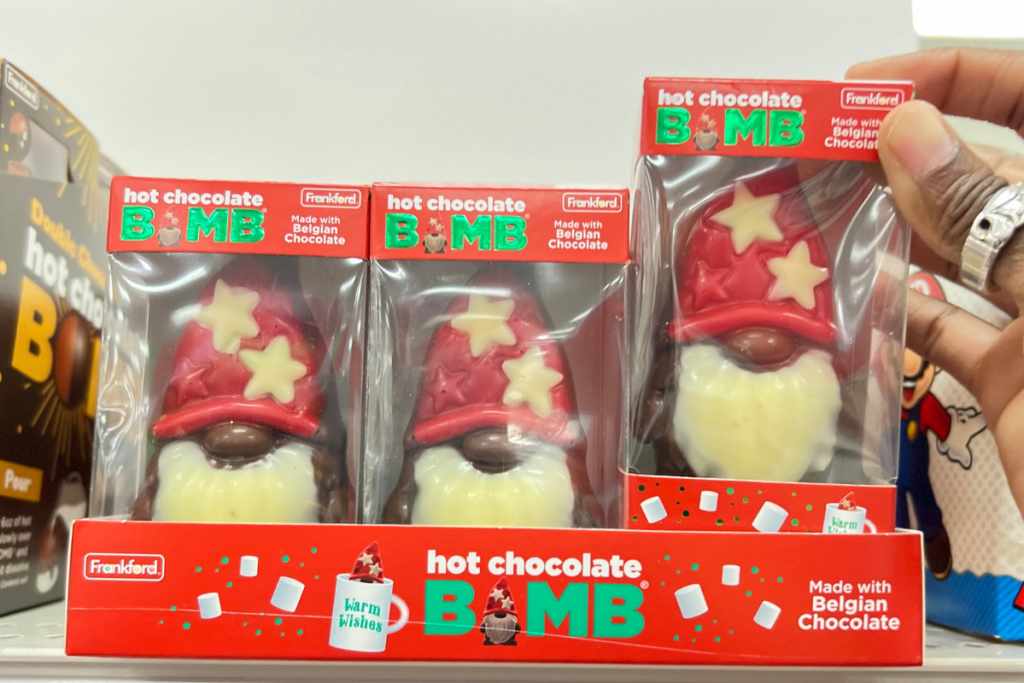 Target store shelf display with Gnome shaped Hot Cocoa Bombs