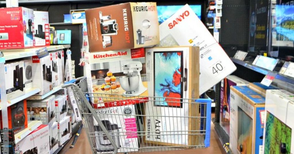 Walmart Shopping Cart with electronics and kitchen appliances in store