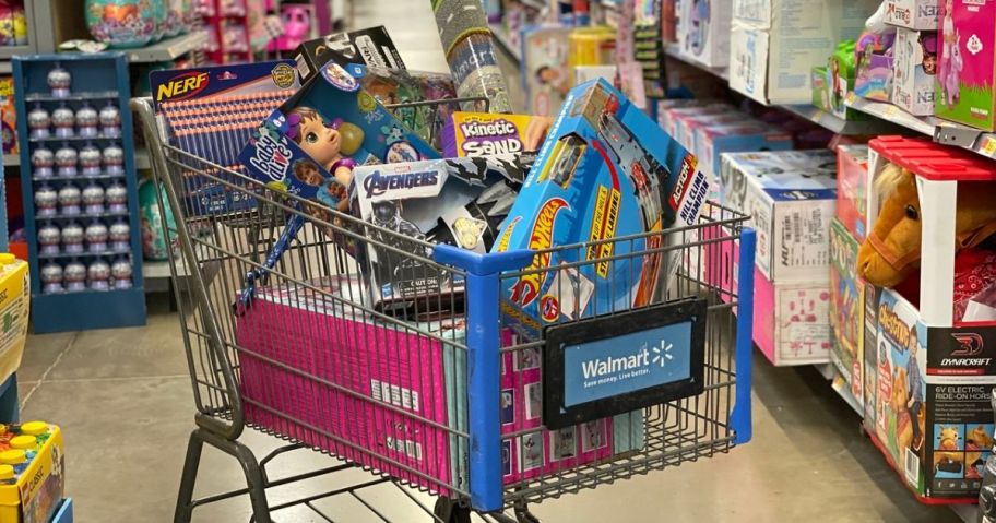 Walmart shopping cart with toys